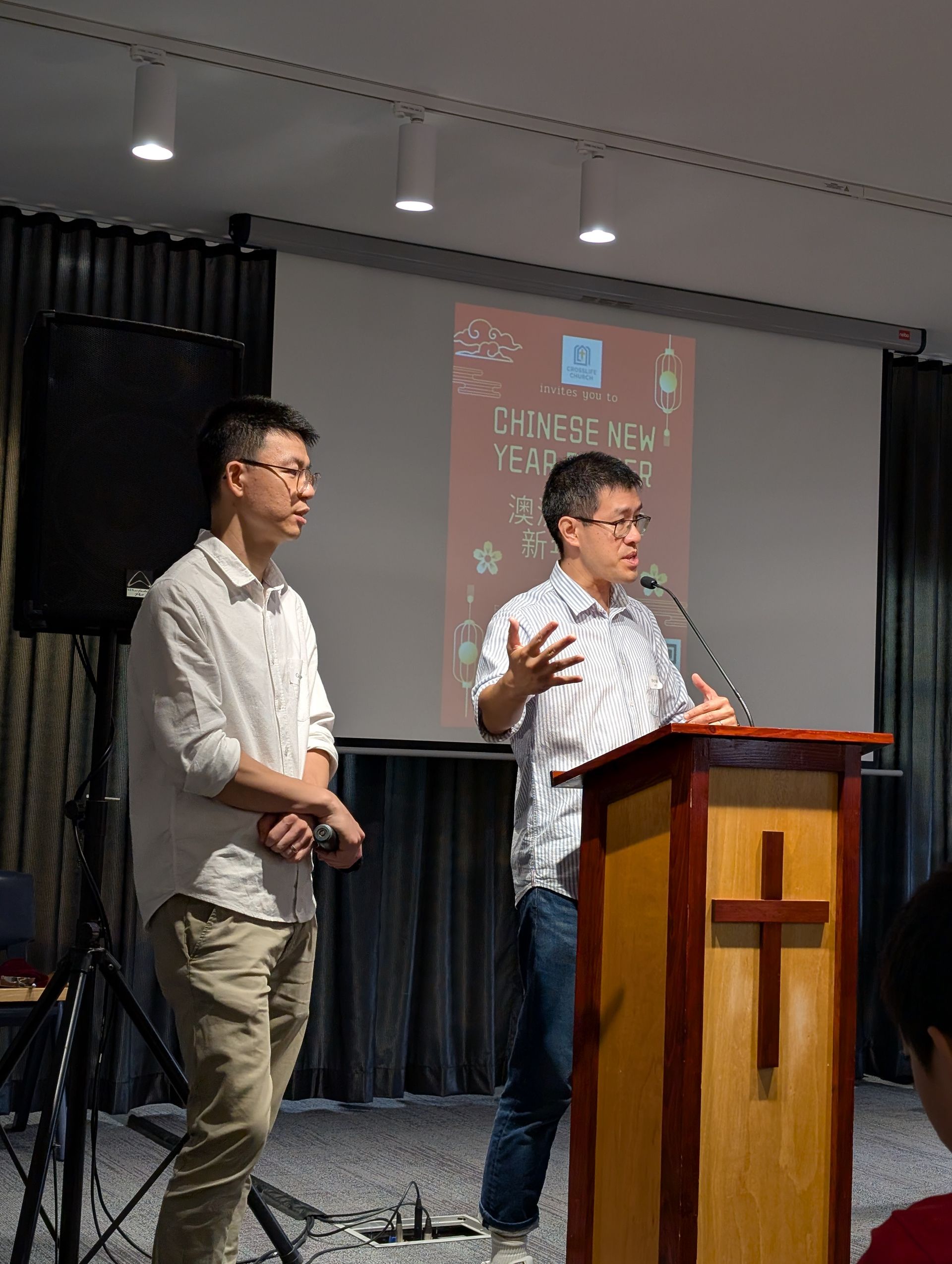 Church leaders making announcements during Chinese New Year celebration